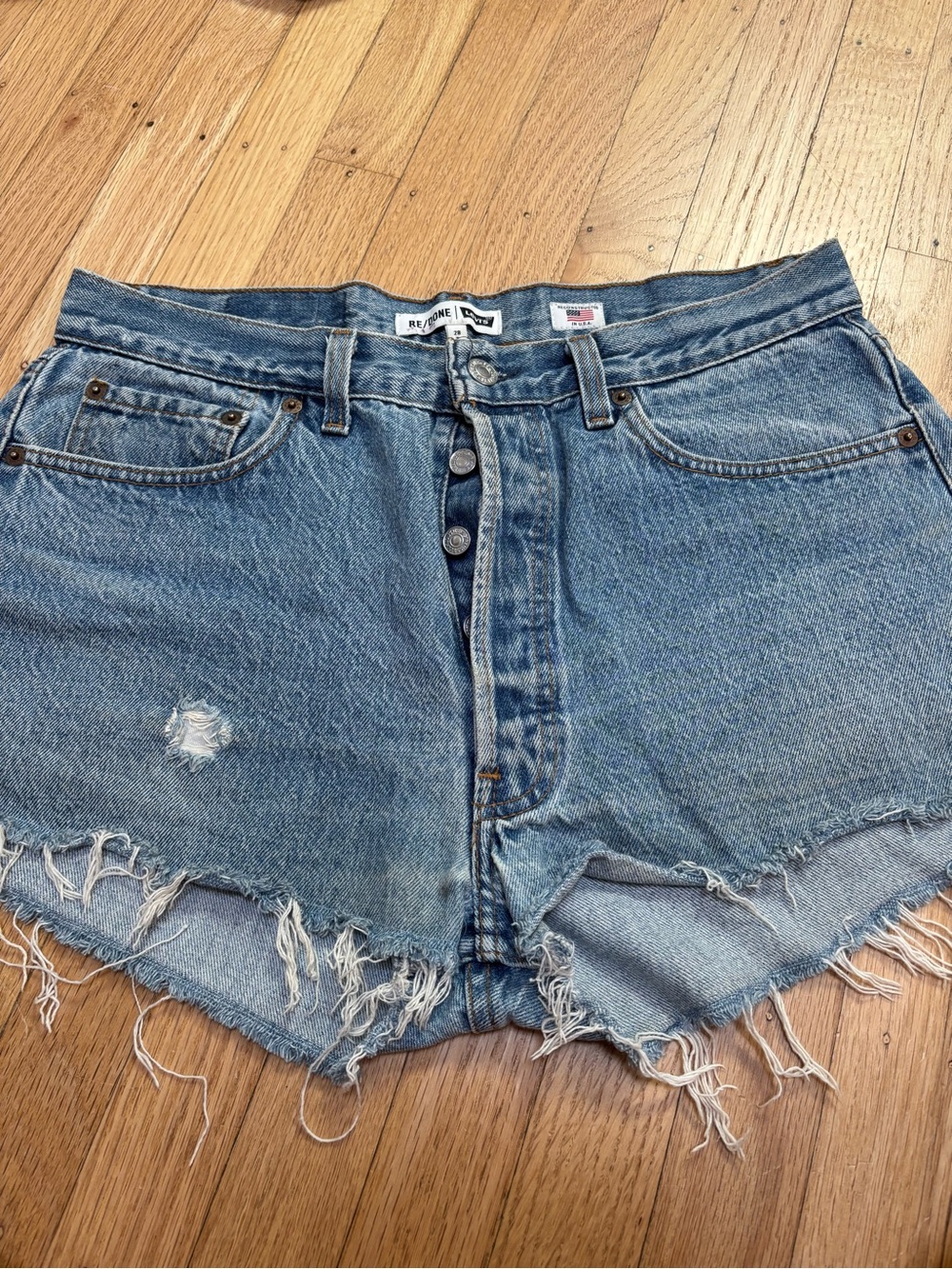 Re/Done Light Blue Distressed Denim Jean Shorts